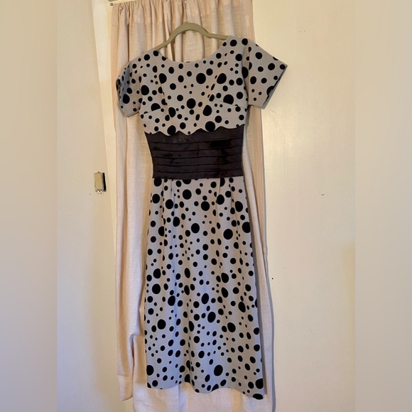 Black Grey Polk A Dot Retro Pinup Pencil Dress Bird Cage Hat Halloween Costume - Picture 2 of 16